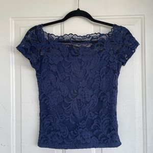 Ambiance Navy Blue Textured Floral Lace Cropped womens Top
